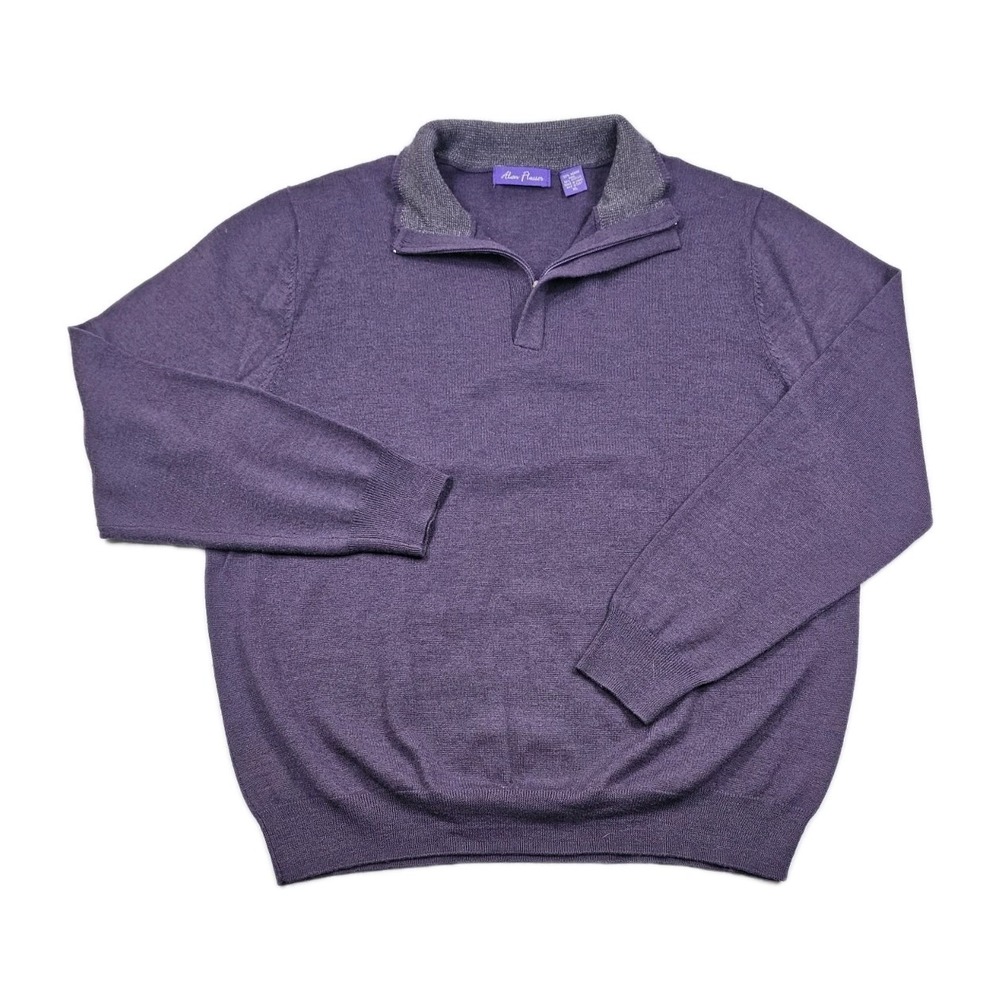 Alan Flusser Merino Wool Blend Mens XLarge Purple Grey 1/4 Zip Pullover Sweater